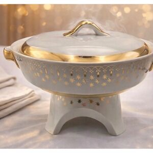 VTG Hall China Flare Ware Casserole Dish Lid‎ & Trivet Starburst 1950s MCM